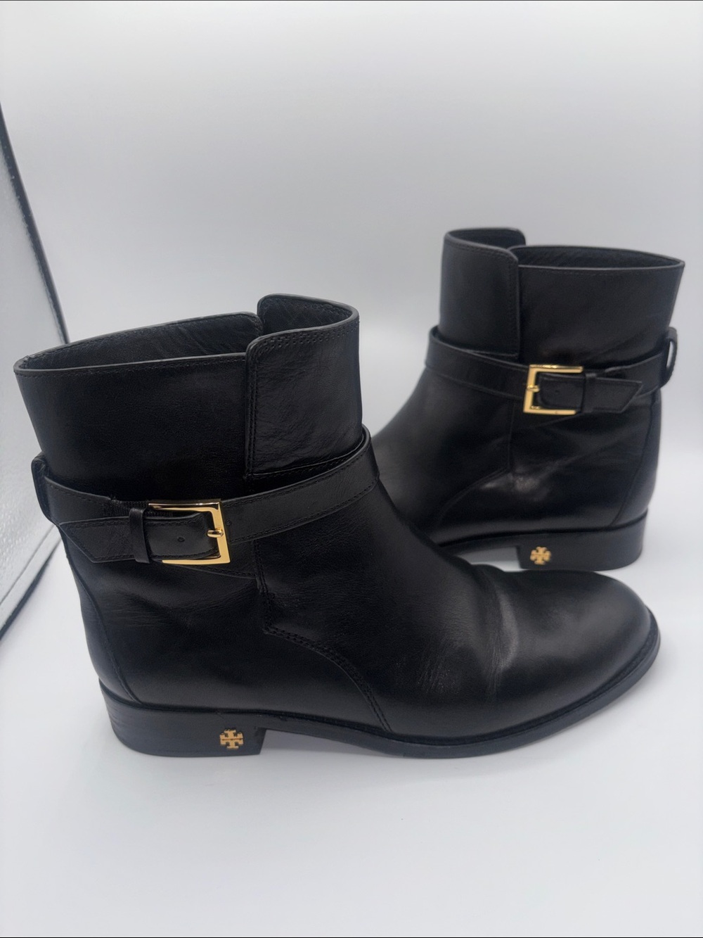Tory Burch Black Leather Ankle Booties with Gold Buckle Accent